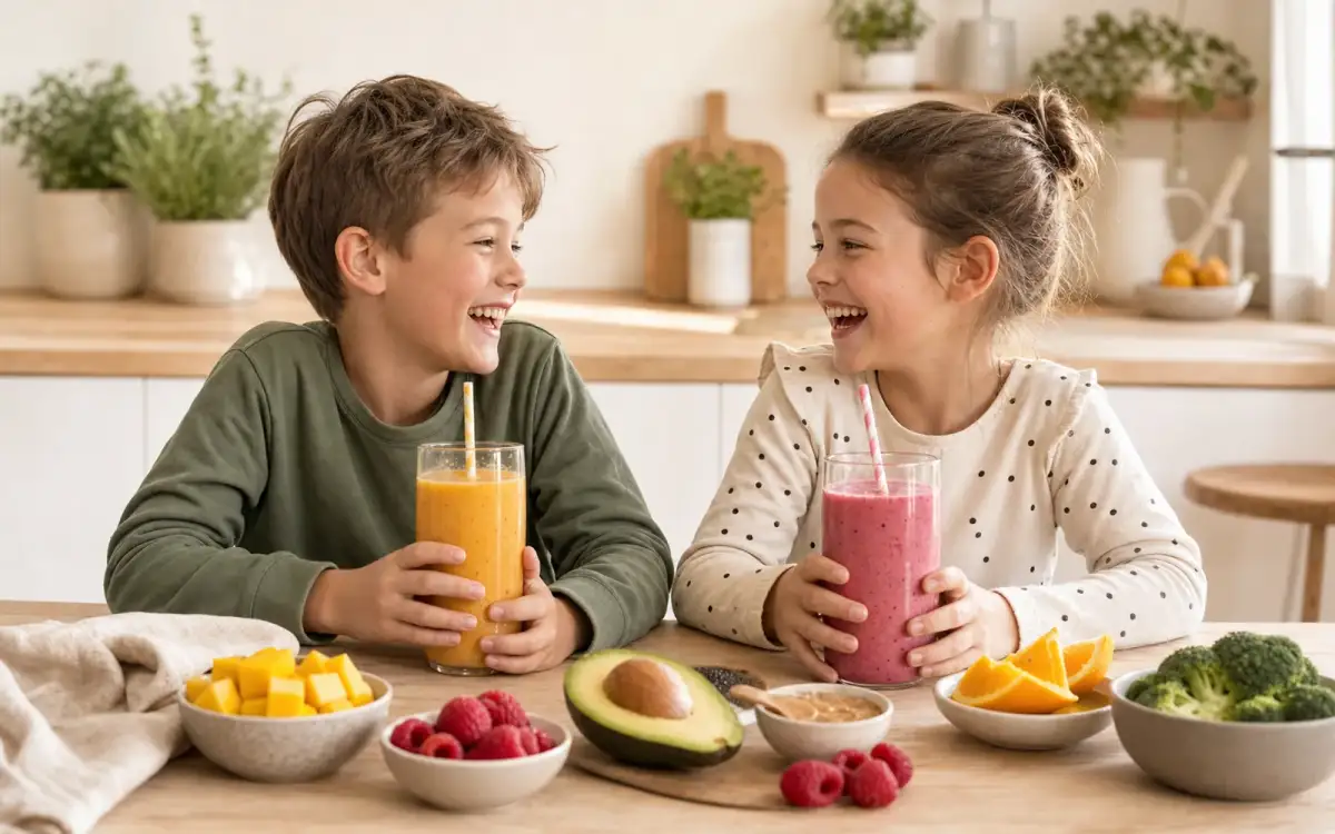 Spaß beim gesunden Naschen Zwei Kinder lachen und trinken gemeinsam bunte Smoothies