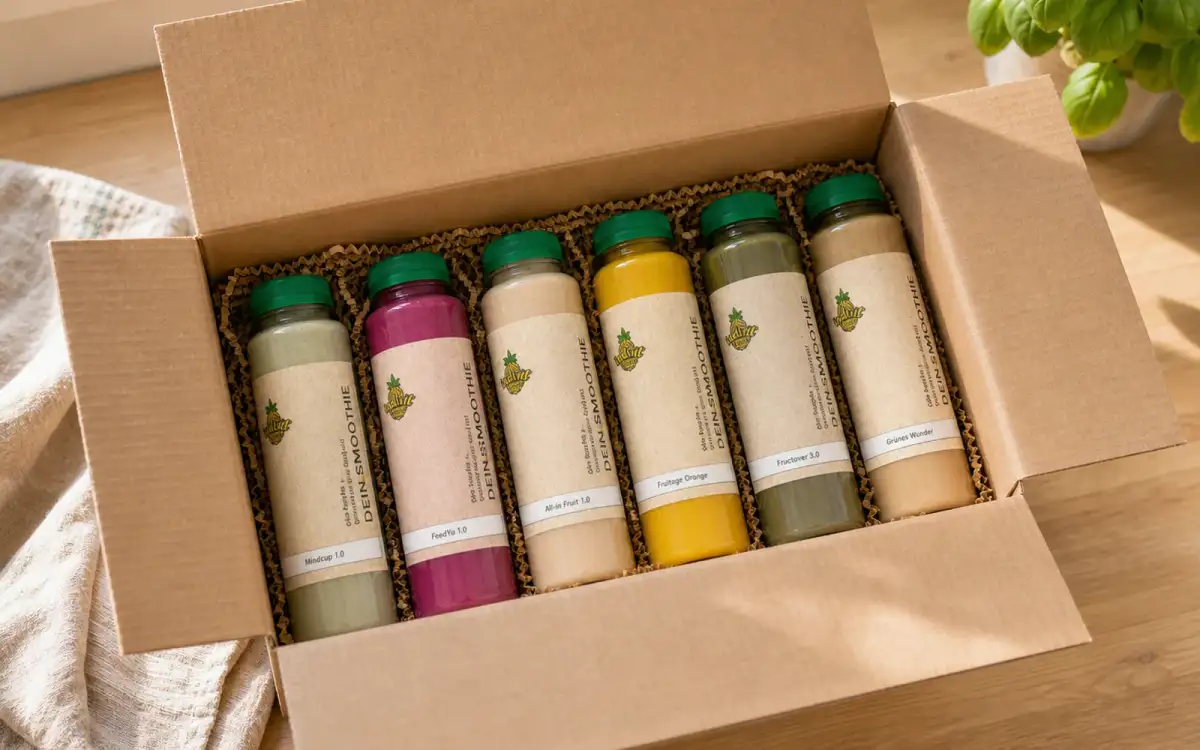 Umweltfreundliche Smoothie-Verpackung im Versandkarton