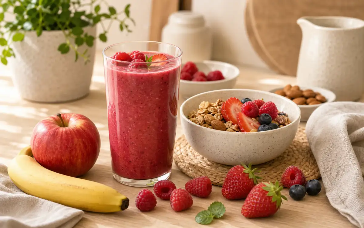 Gesundes Frühstück mit Smoothie, Granola und Obst