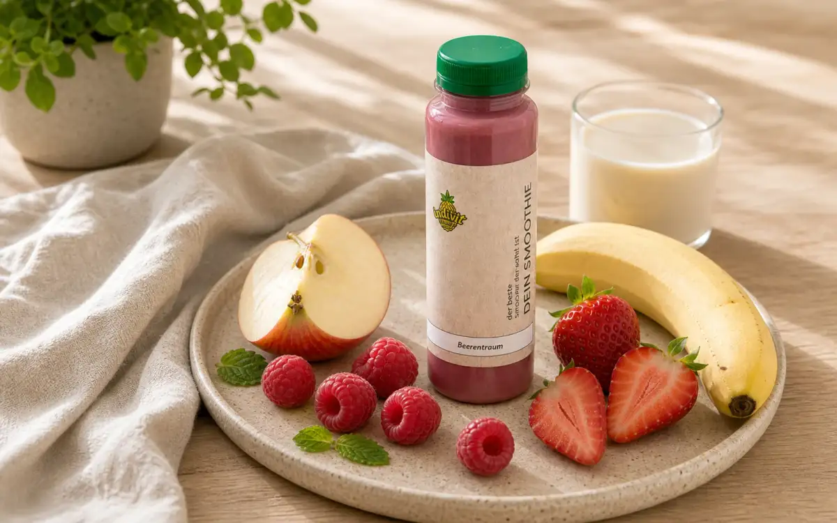 Indivit Beerentraum Flasche mit Beeren, Apfel und Banane auf Keramikteller