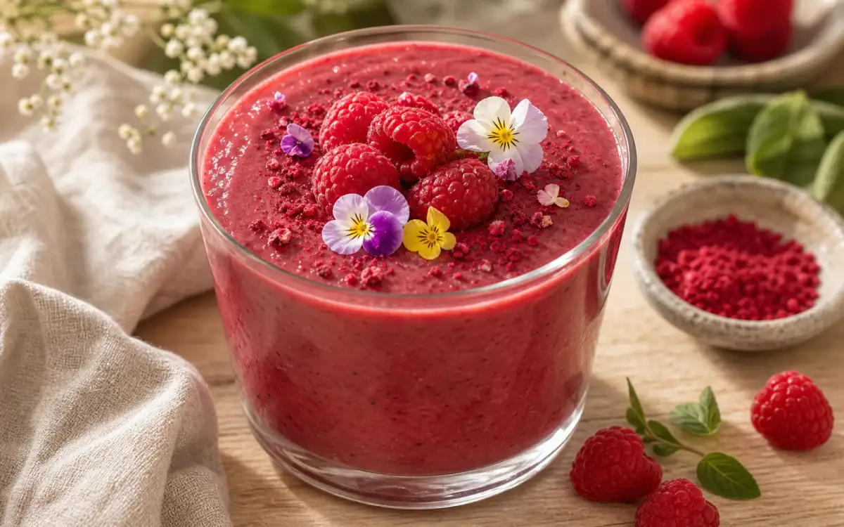 Roter Smoothie mit dekorativer Garnitur aus Himbeeren und essbaren Blüten