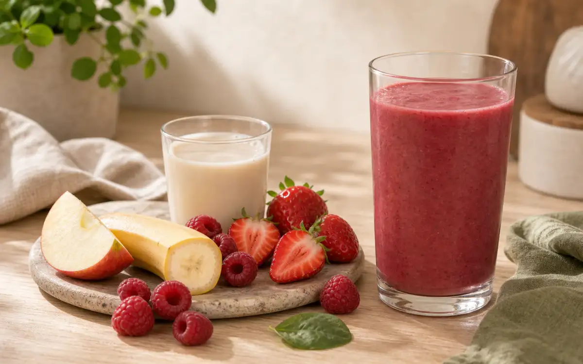 Zutaten und fertiger Smoothie im direkten Vergleich