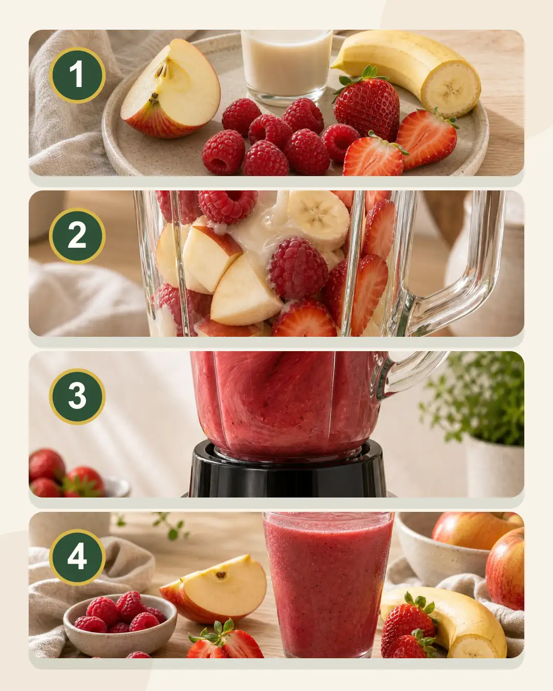 Schritt-für-Schritt-Bilderreihe zur Smoothie-Zubereitung