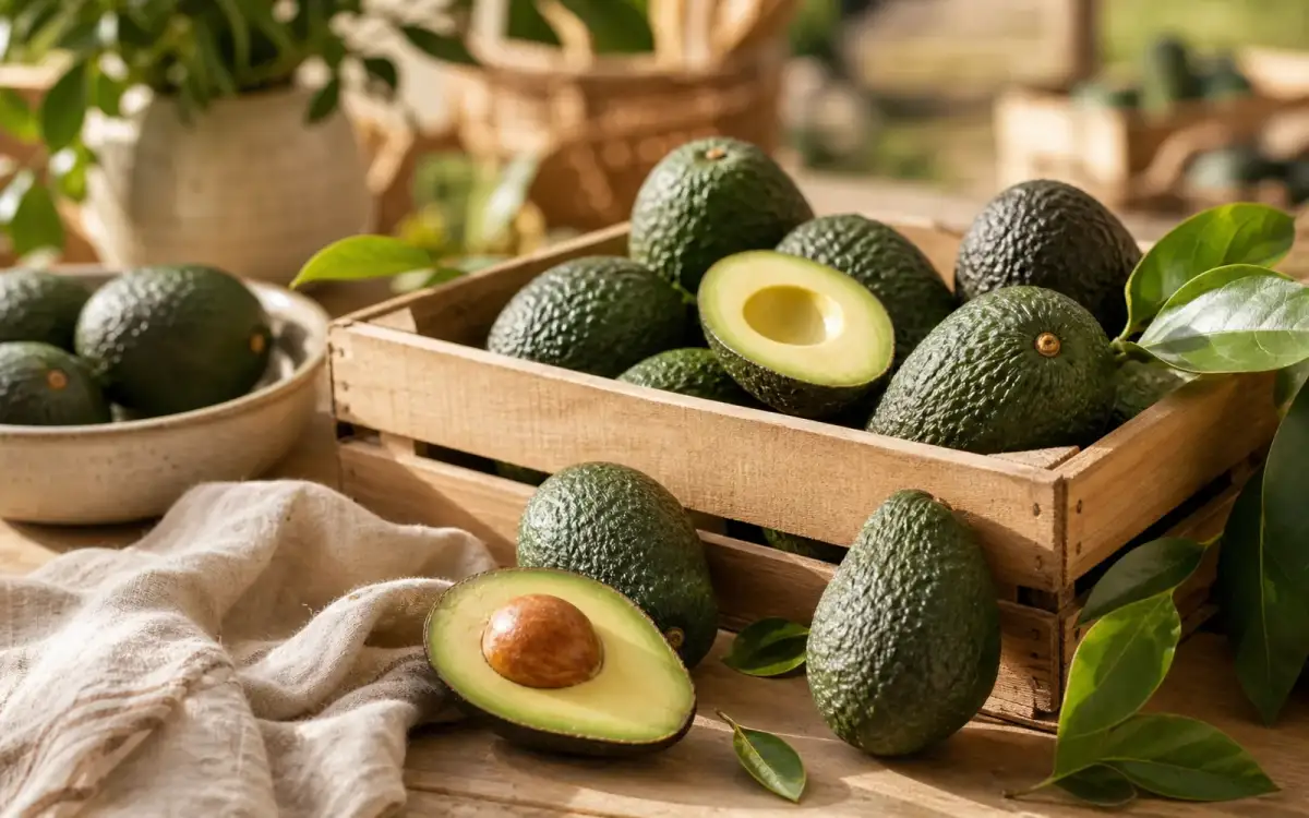 Nachhaltige Bio-Avocados aus Spanien Bio-Avocados in einer Holzkiste