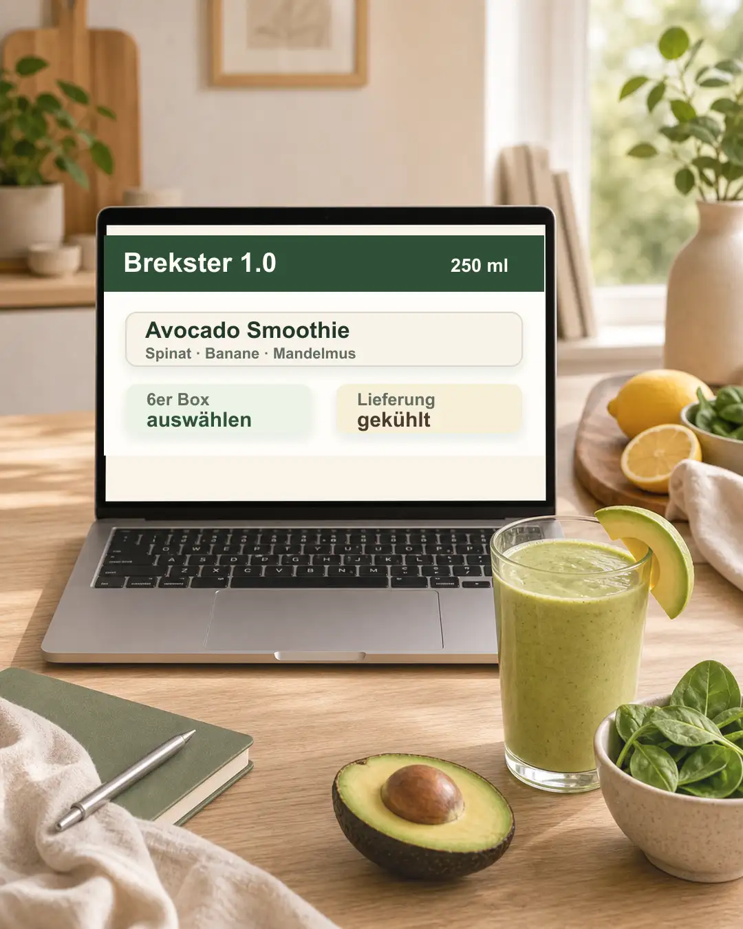Avocado Smoothie online bestellen – direkt geliefert Smoothie-Glas vor Laptop mit Bestellansicht