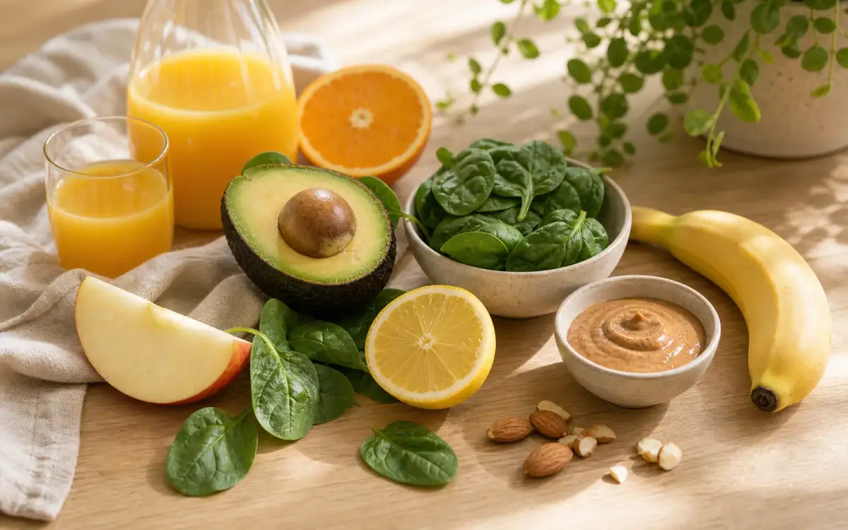 Übersicht der Zutaten für den Avocado Smoothie Alle Smoothie-Zutaten arrangiert auf rustikalem Holztisch
