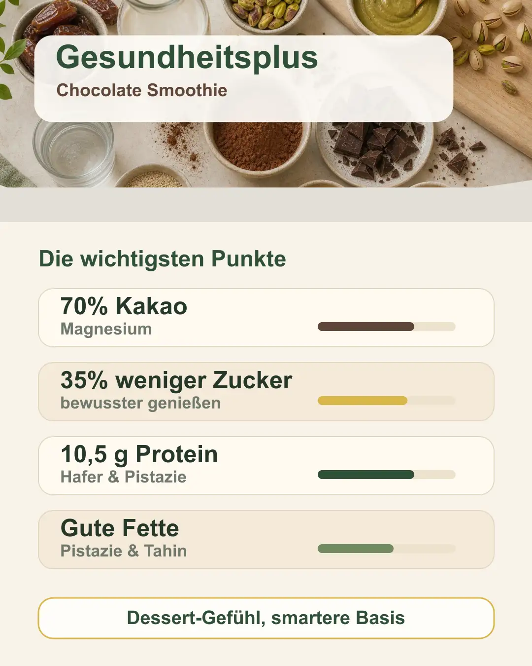 Gesundheitsvorteile des Chocolate Smoothies in einer Grafik Infografik zu Nährstoffen und Gesundheitsvorteilen des Schoko Smoothies