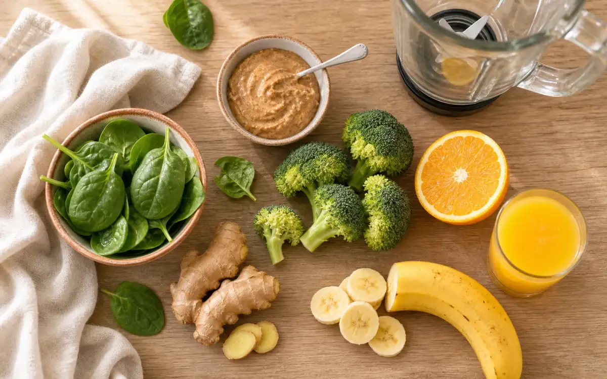 Bio-Zutaten für Eiweiß-Smoothie auf rustikalem Holztisch