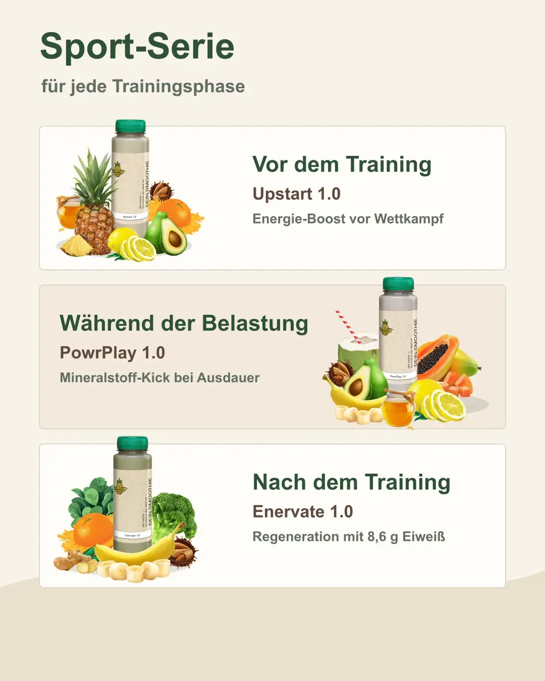 Drei Sport-Smoothies: Upstart, PowrPlay und Enervate nebeneinander