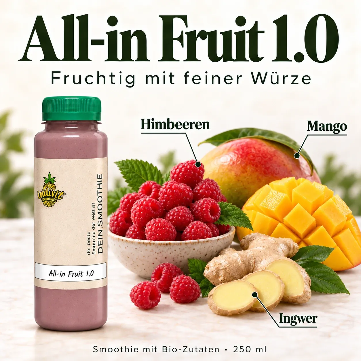 All-in Fruit 1.0, 250 ml, mit ausgewählten Zutaten Himbeeren, Mango und Ingwer