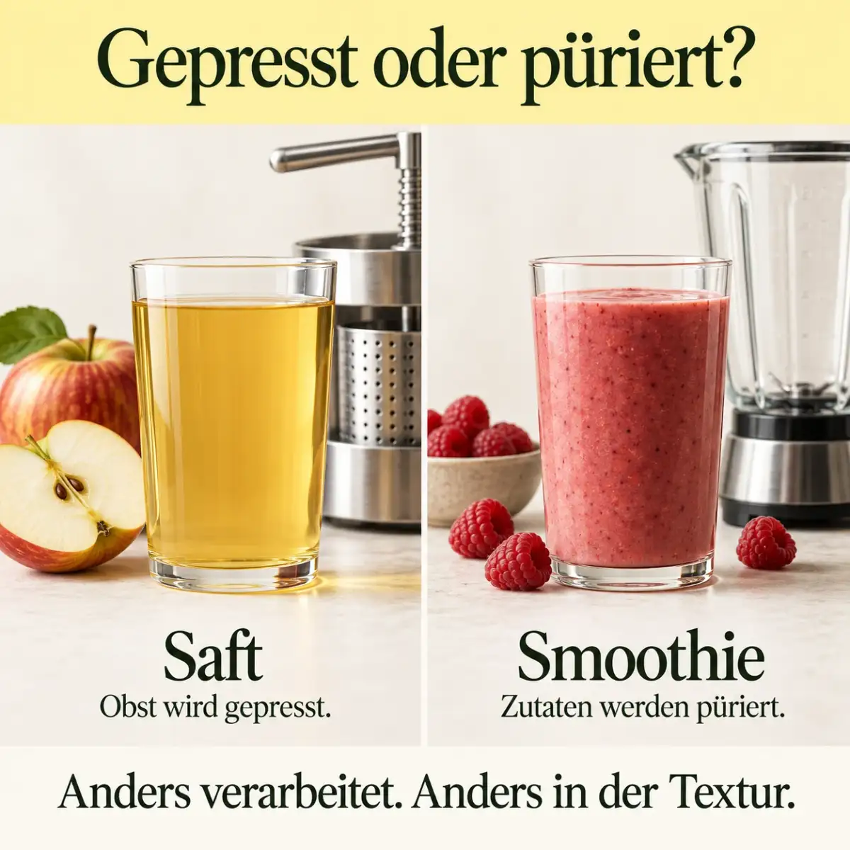 Verarbeitung im Vergleich: gepresster Saft und pürierter Smoothie