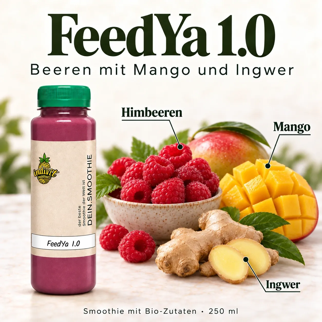 Feed Ya 1.0, 250 ml, mit ausgewählten Zutaten Himbeeren, Mango und Ingwer