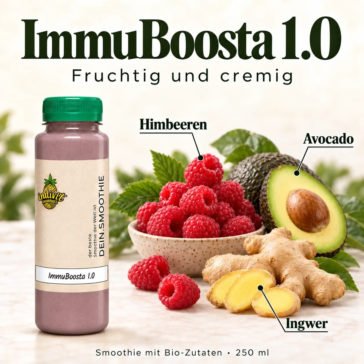 Immu Boosta 1.0, 250 ml, mit ausgewählten Zutaten Himbeeren, Avocado und Ingwer