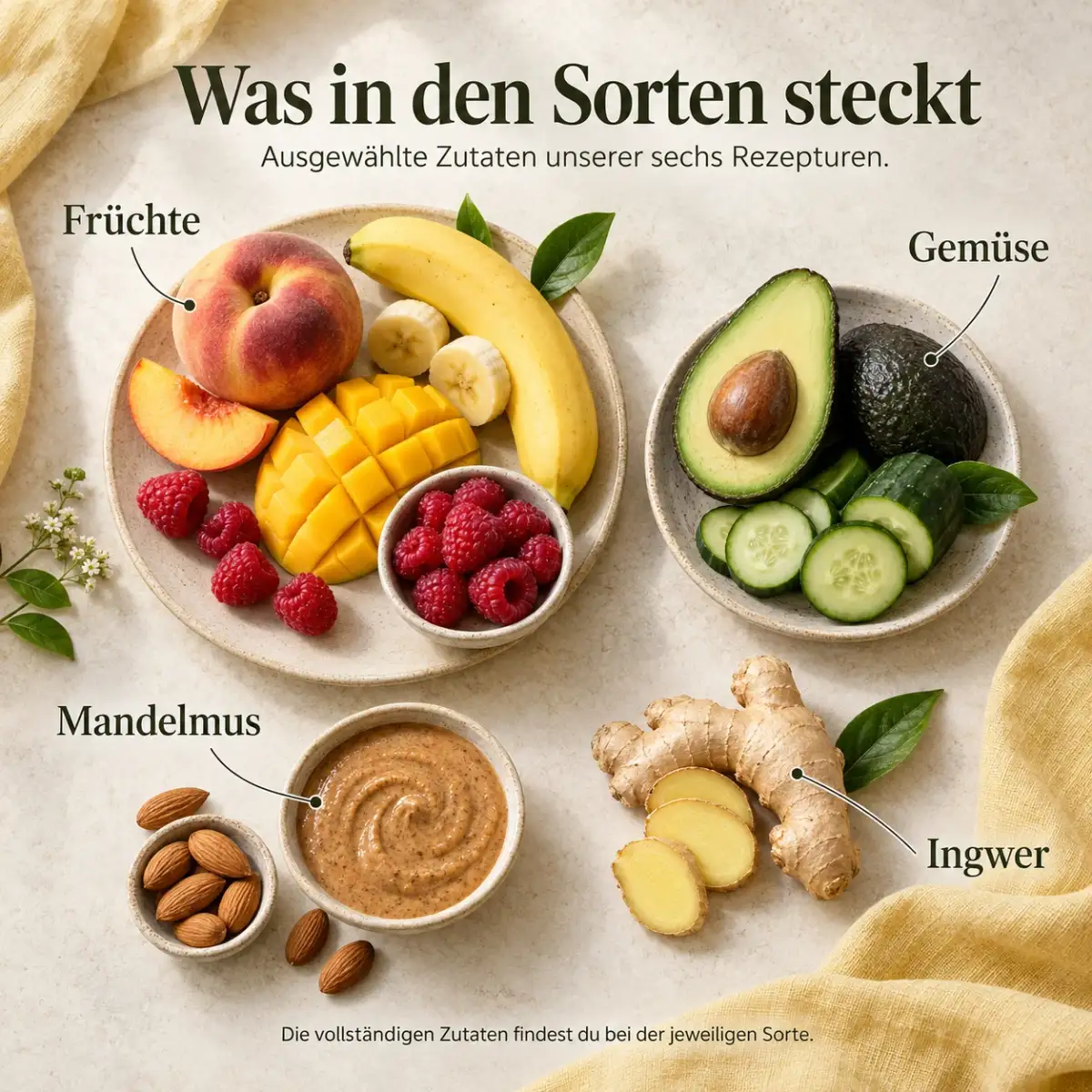 Ausgewählte Zutaten der sechs Fastenrezepturen: Früchte, Gemüse, Mandelmus und Ingwer