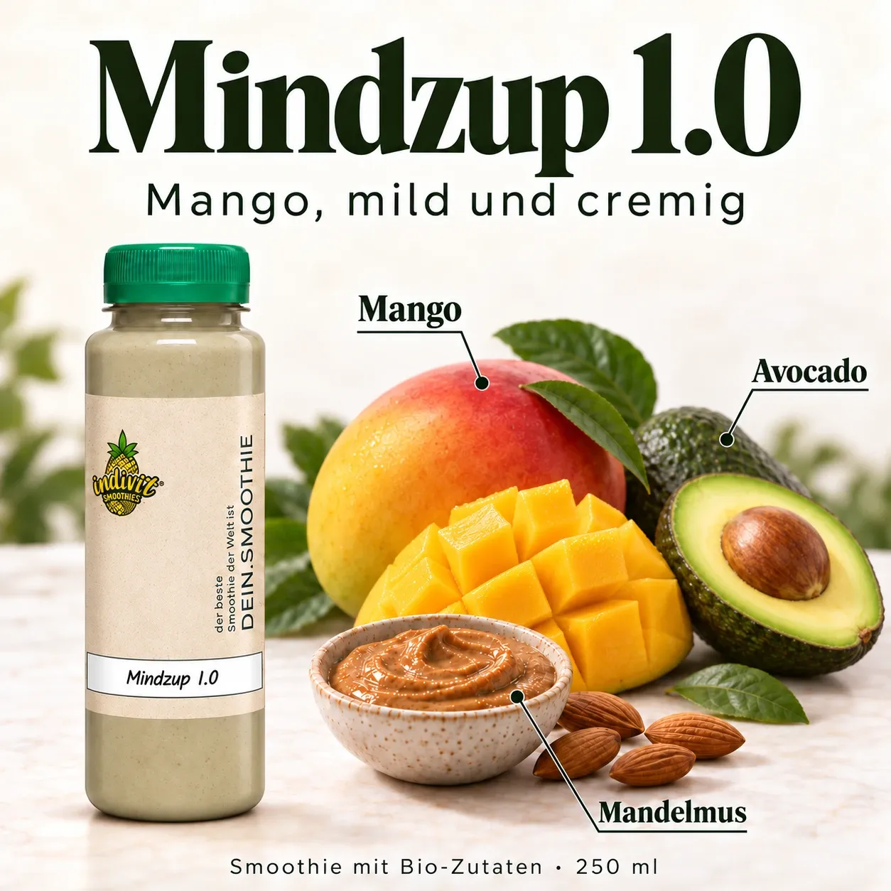 Mindzup 1.0, 250 ml, mit ausgewählten Zutaten Mango, Avocado und Mandelmus