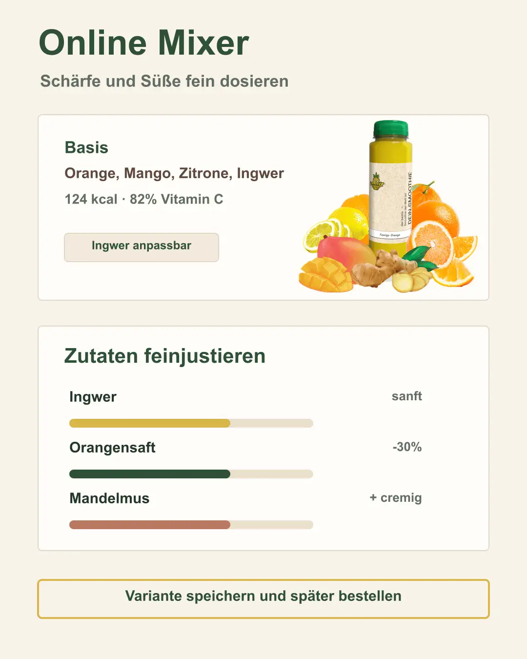 Benutzeroberfläche eines Online Smoothie Konfigurators mit Zutatenauswahl