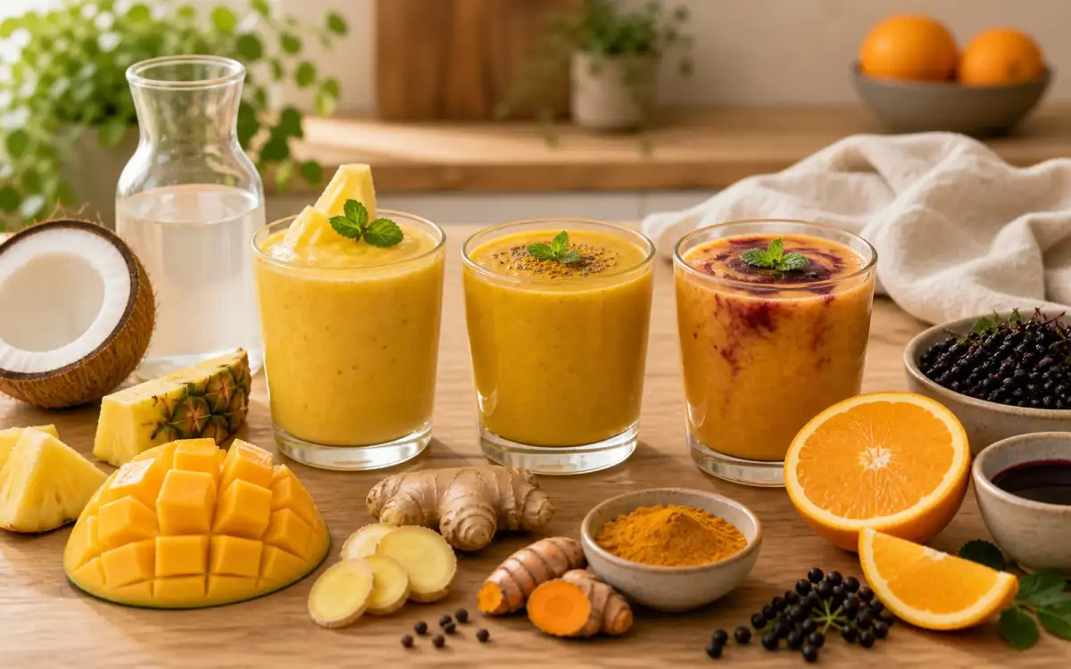 Drei verschiedene Smoothie-Variationen im Glas mit Zutaten drumherum