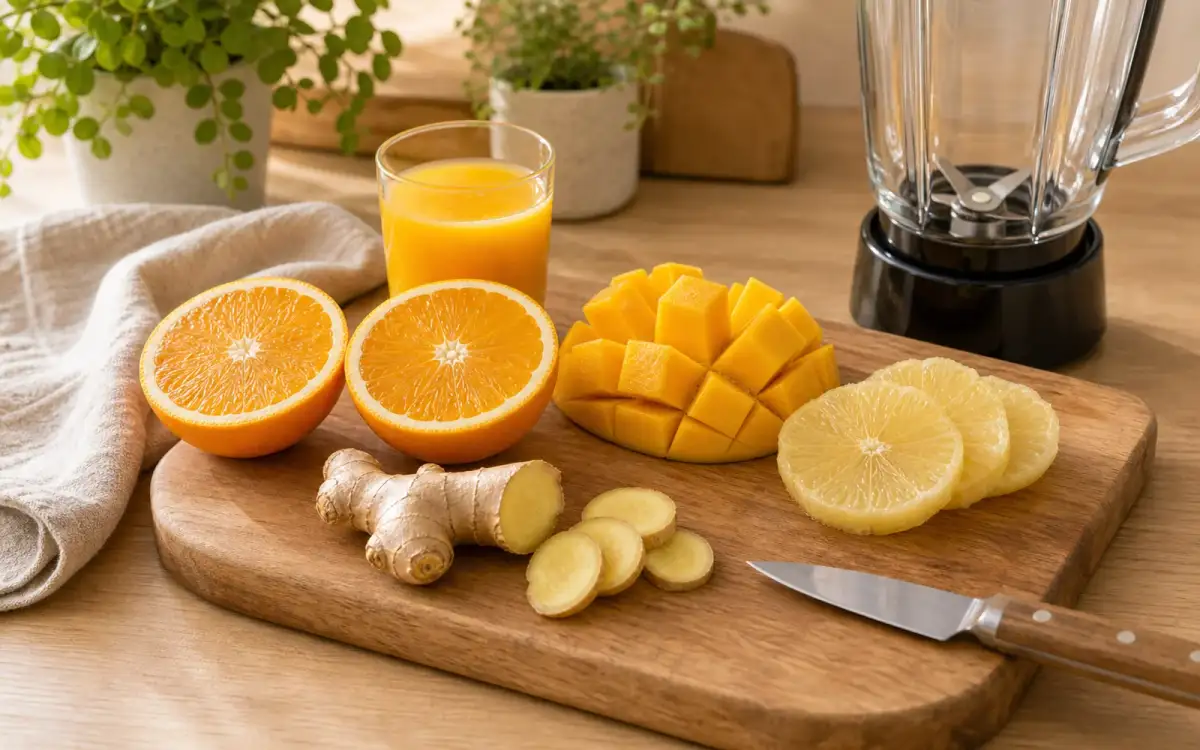 Zutaten für Smoothie auf Schneidebrett vorbereitet