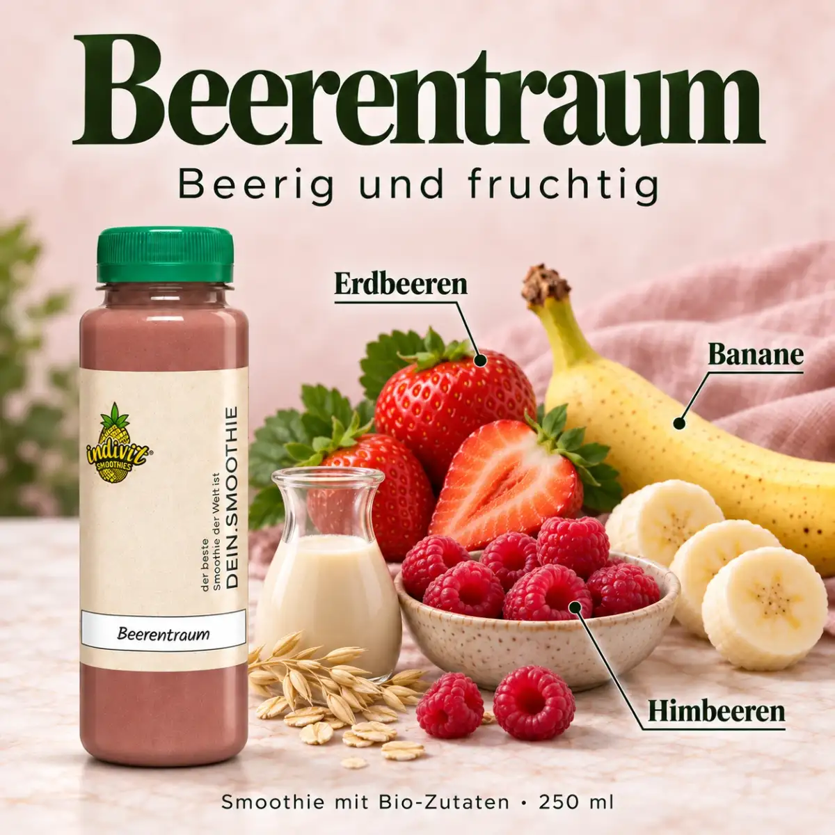 Beerentraum, 250 ml, mit ausgewählten Zutaten Erdbeeren, Himbeeren und Banane Beerentraum, 250 ml, mit ausgewählten Zutaten Erdbeeren, Himbeeren und Banane