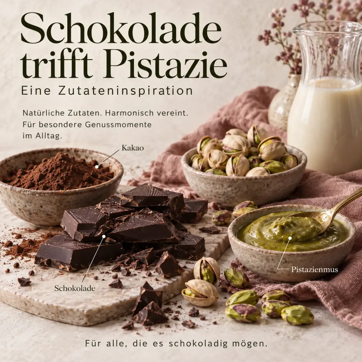 Zutateninspiration mit Kakao, Schokolade, Pistazienmus und Haferdrink