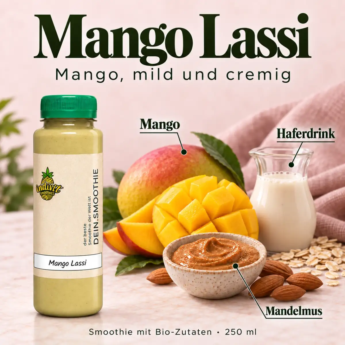Mango Lassi, 250 ml, mit ausgewählten Zutaten Mango, Mandelmus und Haferdrink Mango Lassi, 250 ml, mit ausgewählten Zutaten Mango, Mandelmus und Haferdrink