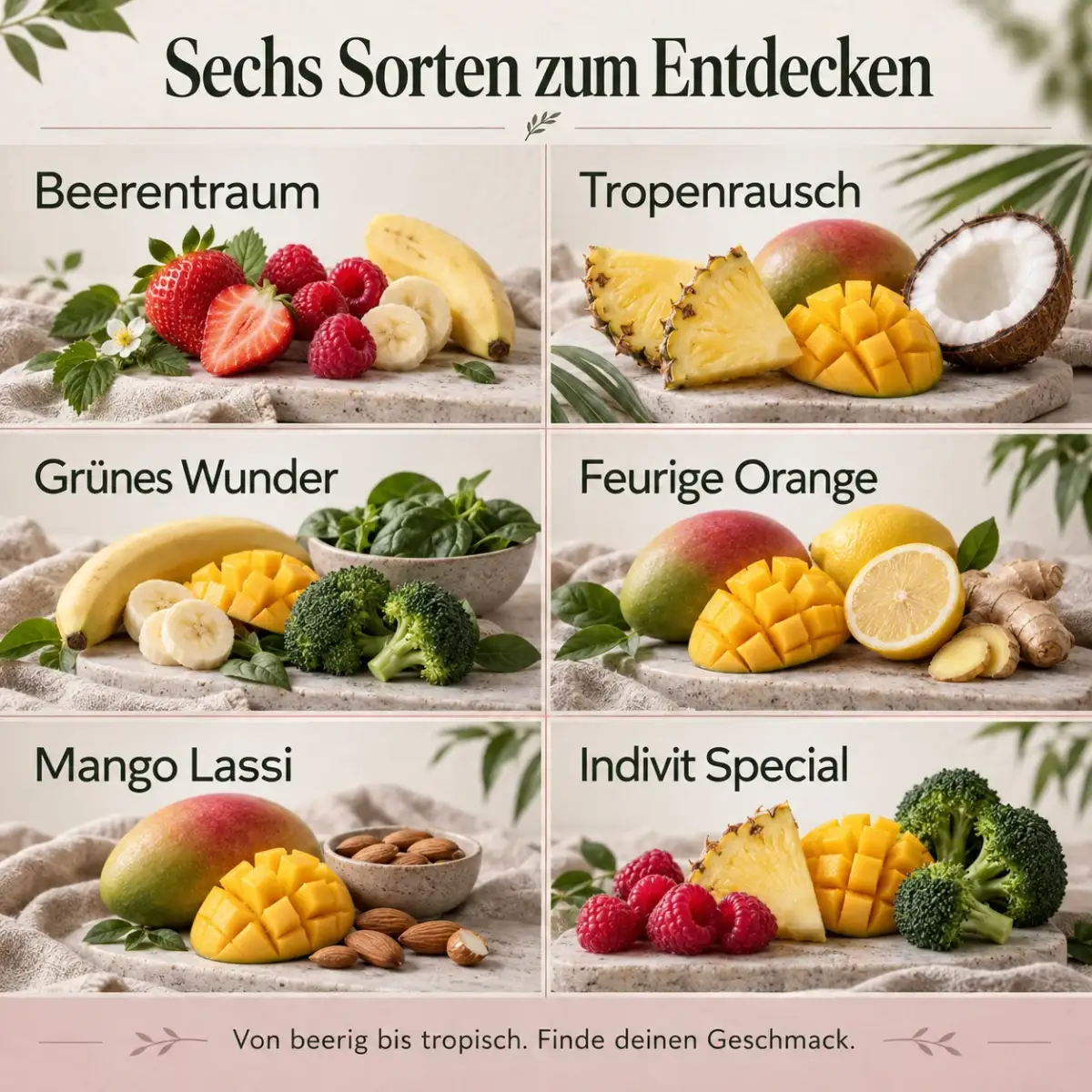 Sechs Genießer-Sorten mit ausgewählten Zutaten: Beerentraum, Tropenrausch, Grünes Wunder, Feurige Orange, Mango Lassi und Indivit Special Sechs Genießer-Sorten mit ausgewählten Zutaten: Beerentraum, Tropenrausch, Grünes Wunder, Feurige Orange, Mango Lassi und Indivit Special