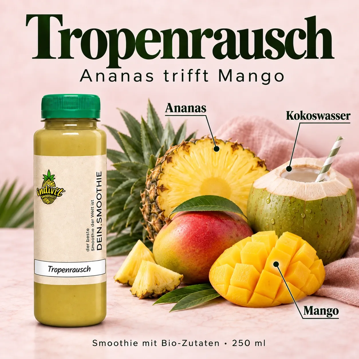 Tropenrausch, 250 ml, mit ausgewählten Zutaten Ananas, Mango und Kokoswasser