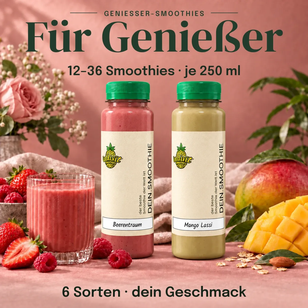 Genießer-Box mit 12 bis 36 Smoothies: Beerentraum und Mango Lassi als Sortenbeispiele