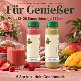 Genießer-Box mit 12 bis 36 Smoothies: Beerentraum und Mango Lassi als Sortenbeispiele