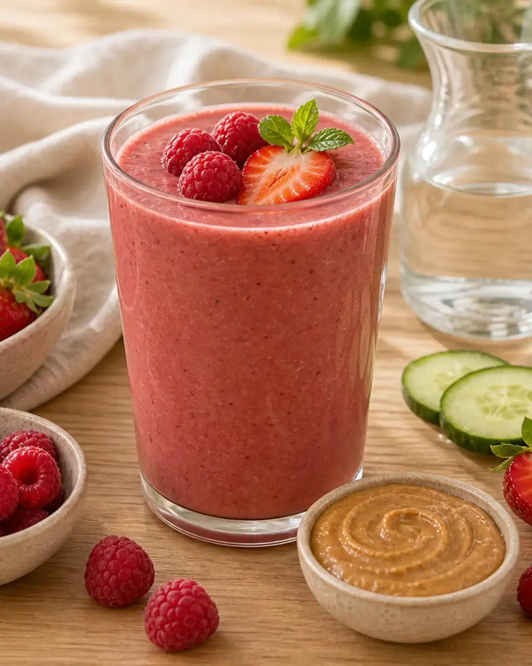 Der perfekte Erdbeer-Smoothie: MojoFit 1.0 Frischer Smoothie mit Erdbeeren, Gurke und Himbeeren