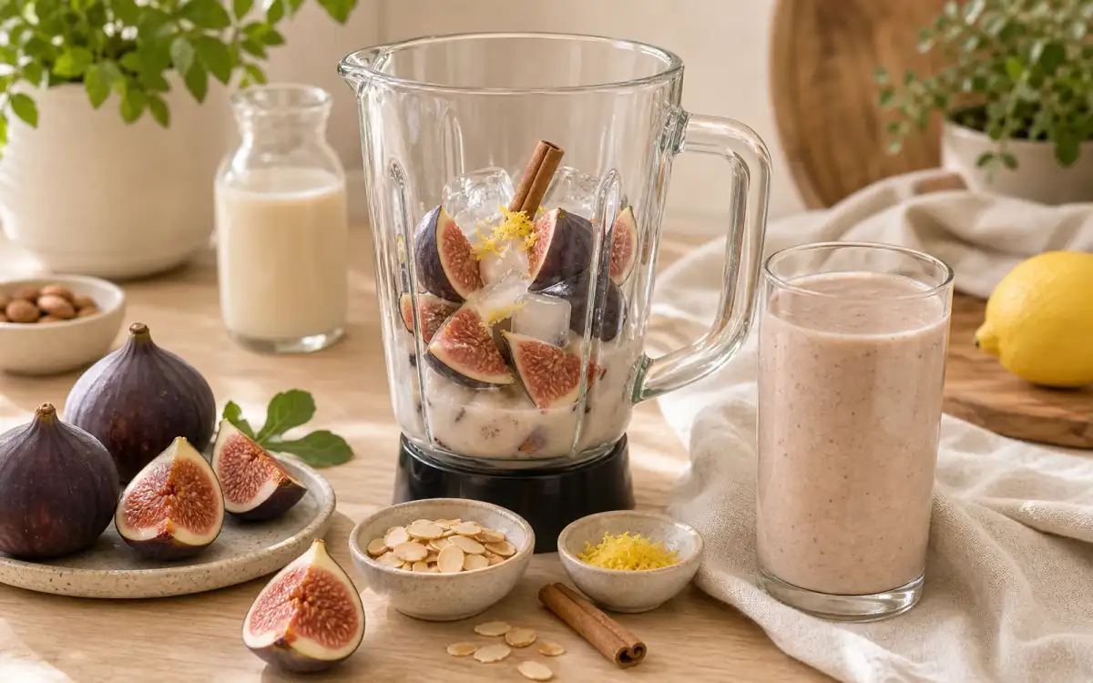 Feigen-Smoothie einfach selbst zubereiten Zubereitung eines Feigen-Smoothies mit Mixer und Zutaten