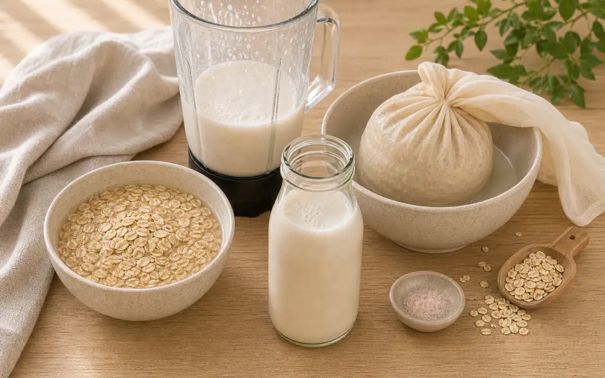 Schrittweise Zubereitung von selbstgemachter Hafermilch