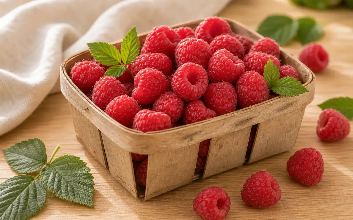 Frisch geerntete Himbeeren im Holzkorb Himbeeren in einem rustikalen Holzkörbchen auf Holztisch