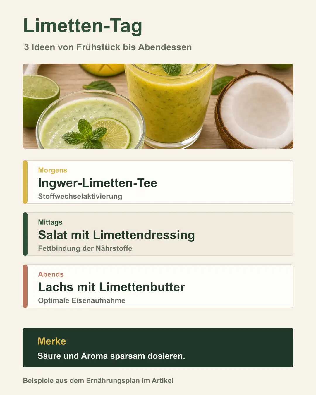 Tagesplan mit Limettenrezepten von Frühstück bis Abendessen