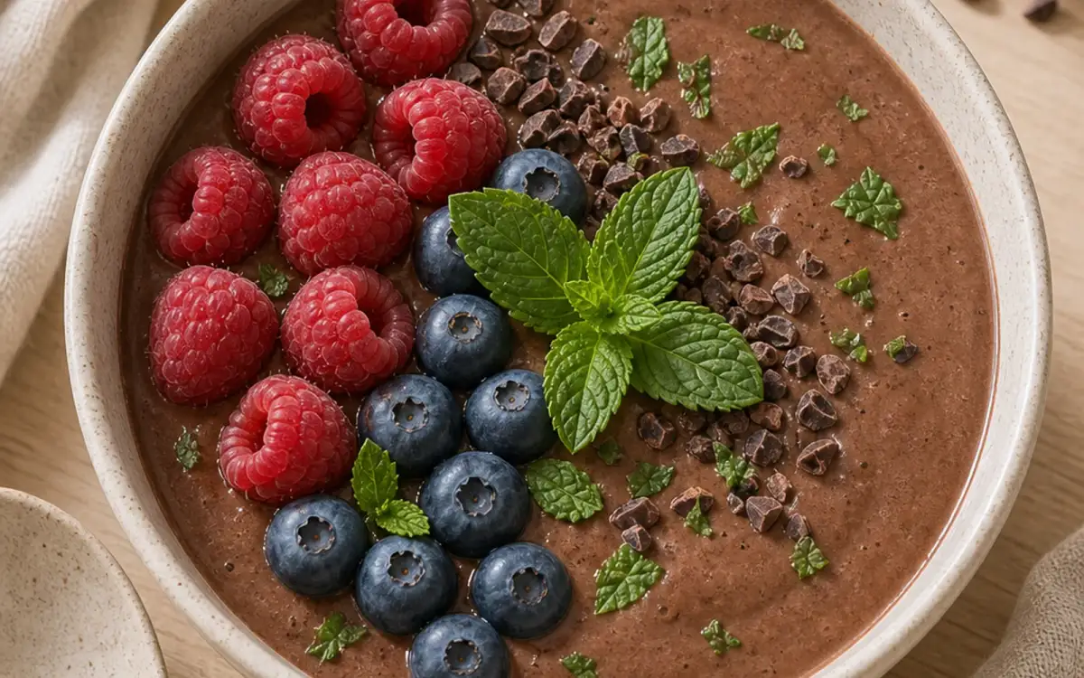 Schoko-Minz-Smoothie-Bowl mit Beeren und Minzblättern