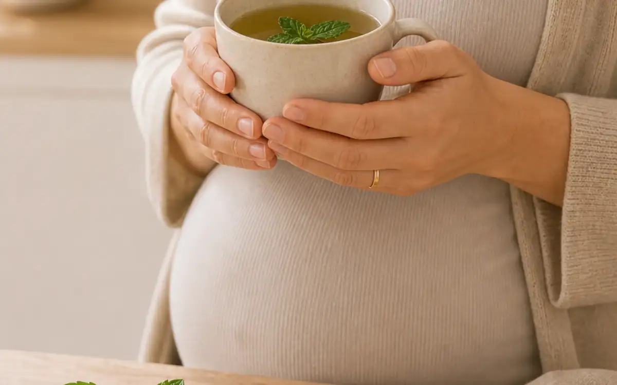 Schwangere Frau trinkt vorsichtig eine Tasse Pfefferminztee