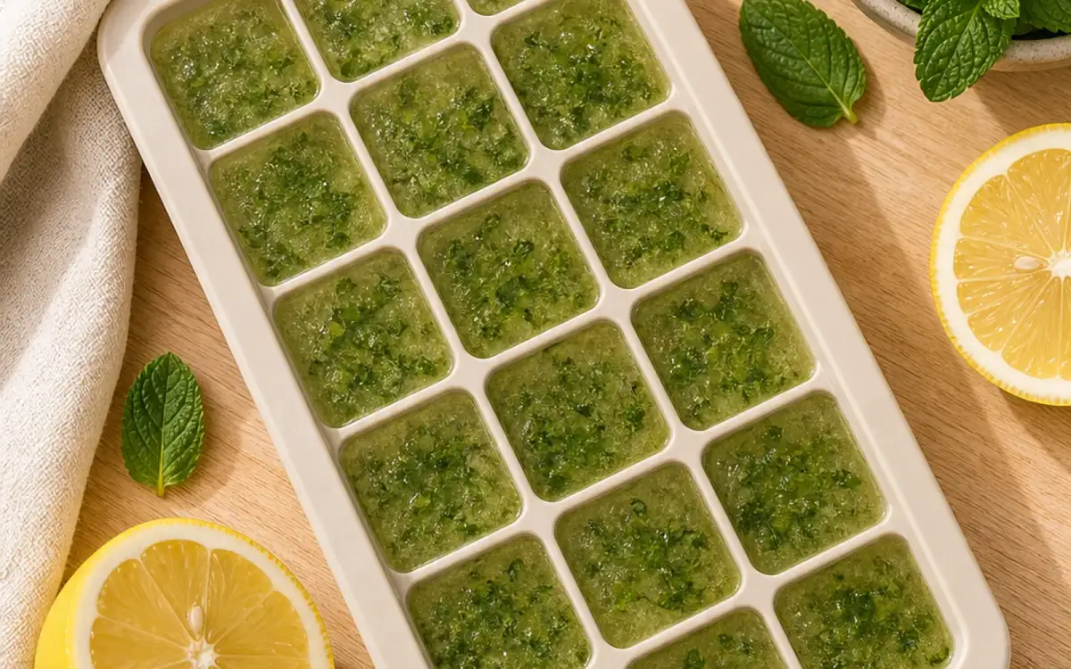 Eiswürfelform mit pürierter Minze und Zitrone