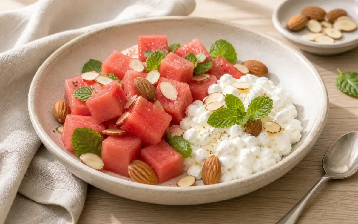 Wassermelonenwürfel mit Hüttenkäse, Mandeln und Minze angerichtet