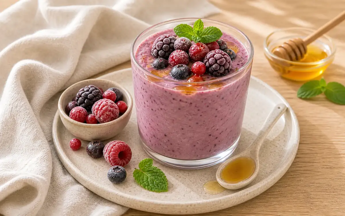 Smoothie aus Beeren, Joghurt und Honig Smoothie mit gefrorenen Beeren und Honig