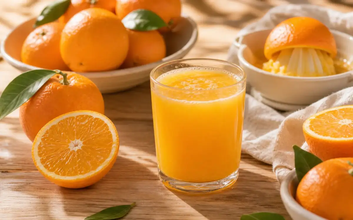 Glas frisch gepresster Orangensaft mit Orangenhälften und Vitamin-C-Beschriftung