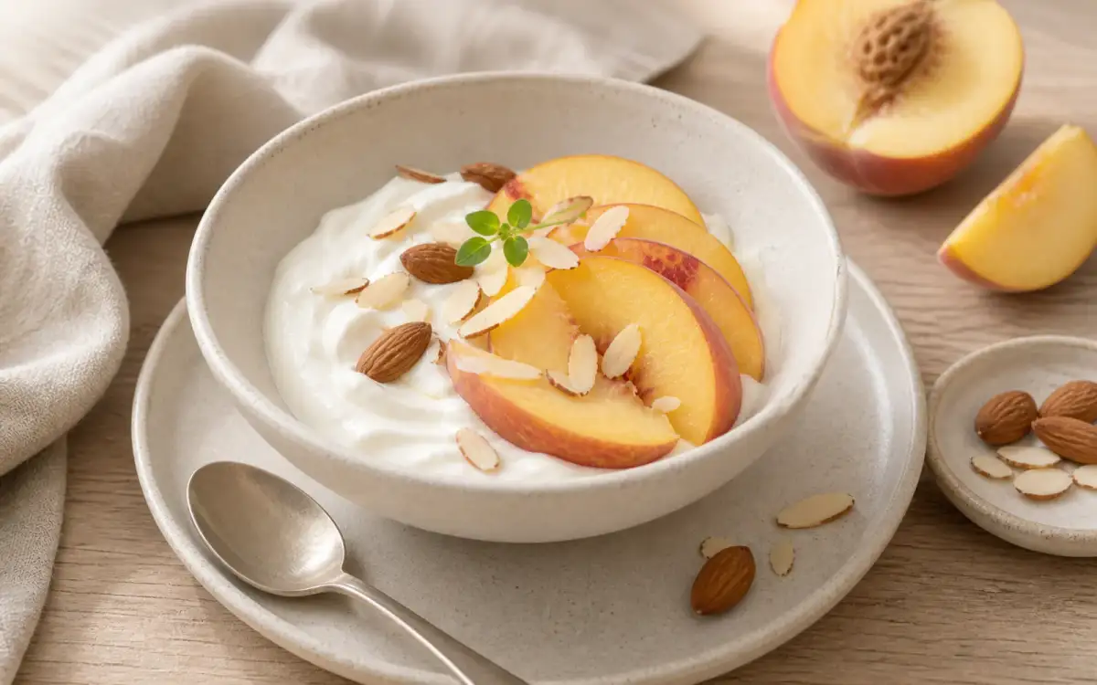 Frischer Pfirsich mit Naturjoghurt und Mandeln serviert