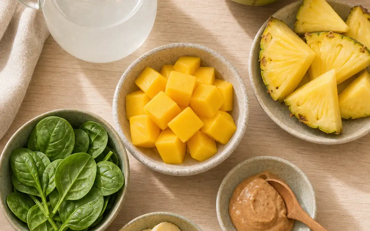 Zutaten für tropischen Smoothie mit Kokoswasser