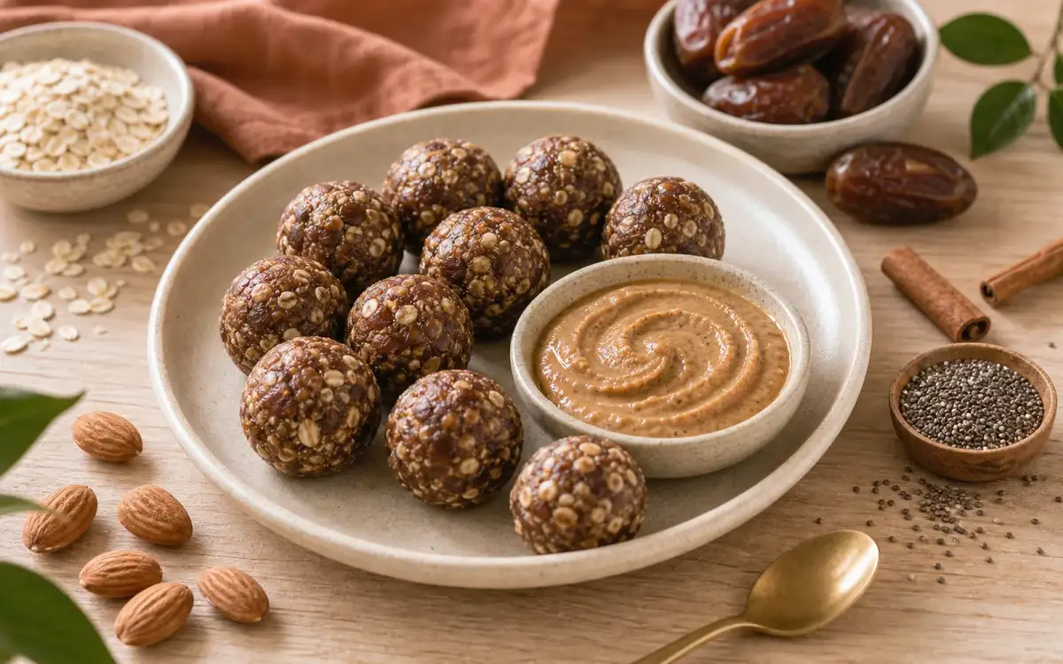 Datteln-Energieballs mit Mandelmus – gesund und lecker Selbstgemachte Energieballs auf einem Teller mit Mandelmus-Dip