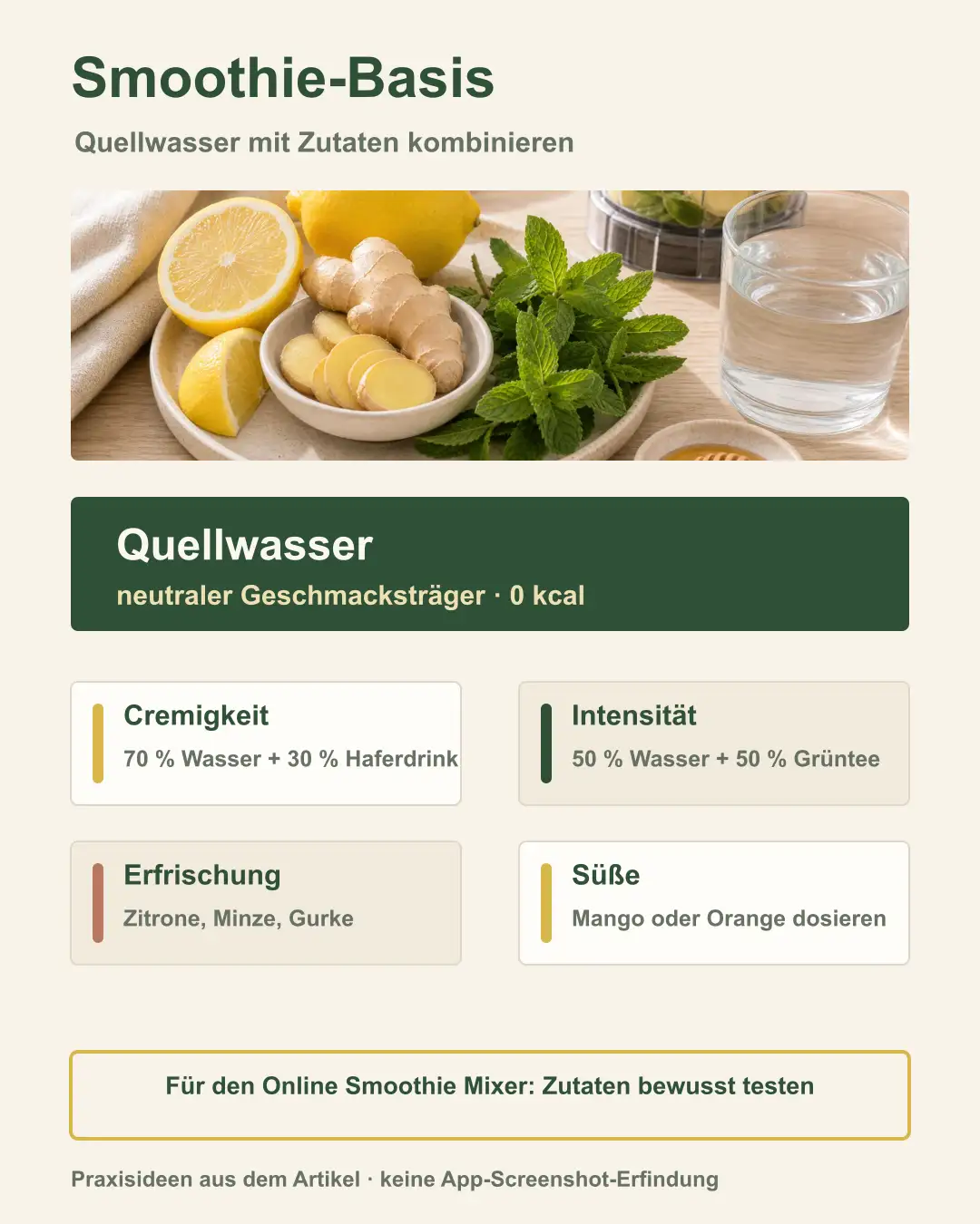 Zutatenvielfalt im Online Smoothie Mixer Auswahl an Smoothie-Zutaten mit Quellwasser im Mittelpunkt