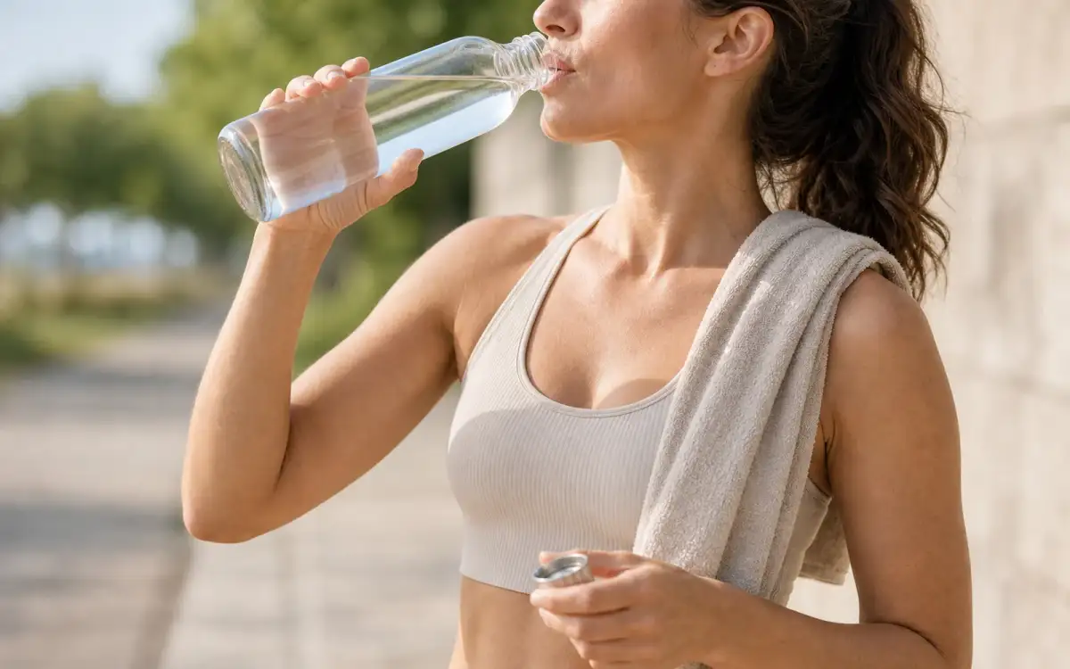 Quellwasser als natürlicher Durstlöscher für Sportler Junge Frau trinkt aus Glasflasche nach dem Training
