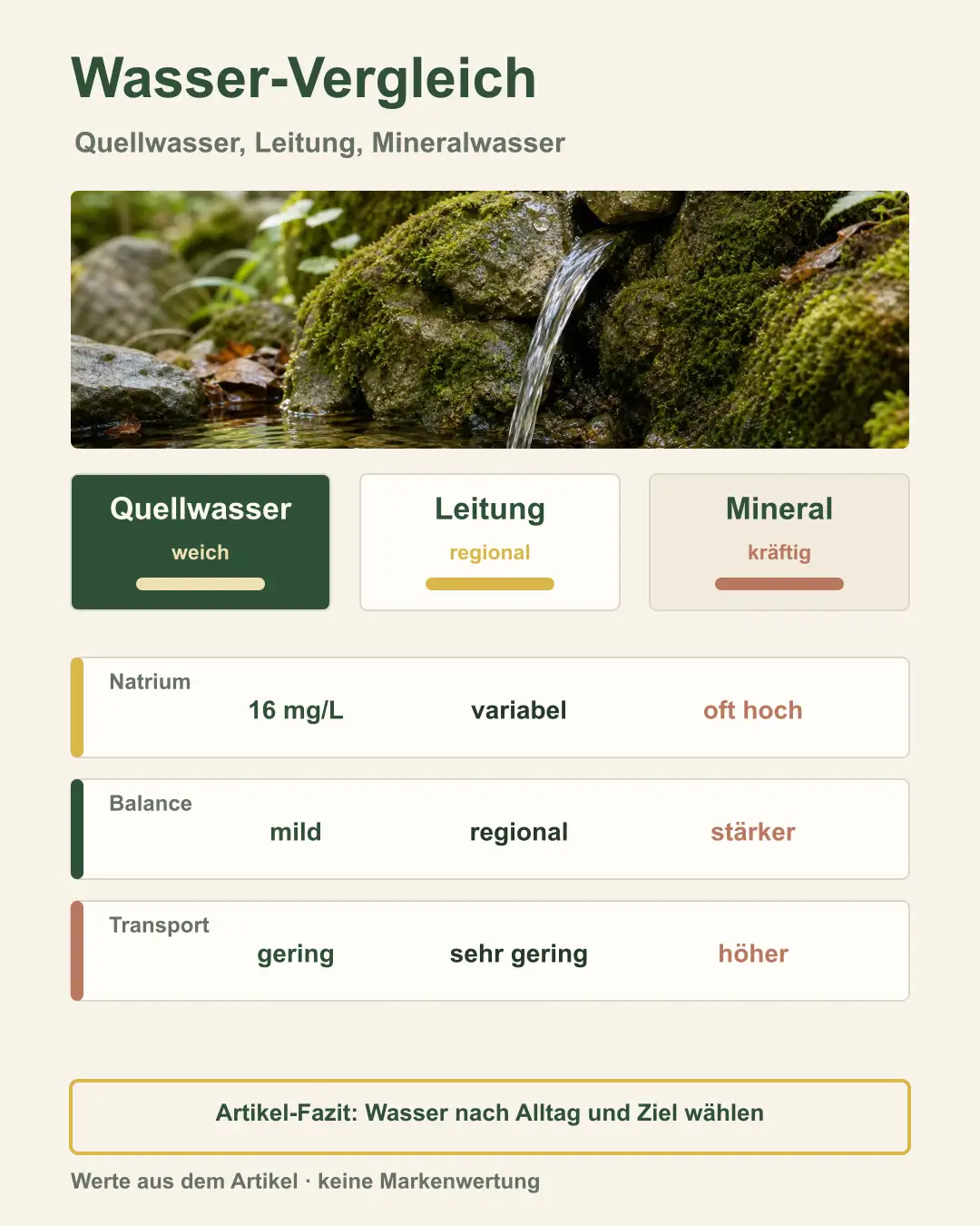 Vergleich von drei Wasserarten Drei Wassergläser mit Beschriftung: Quellwasser, Leitungswasser, Mineralwasser