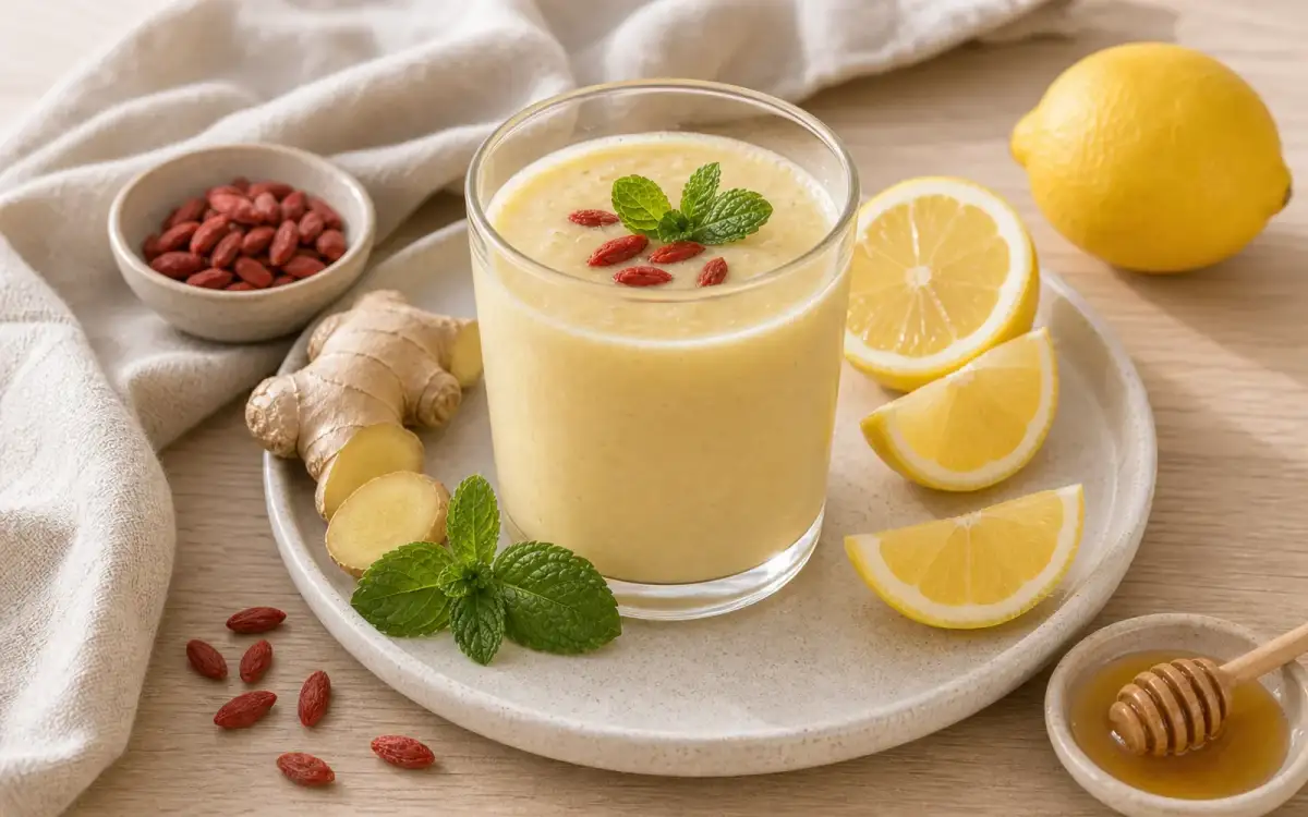 Frisch gepresste Zitrone für den Immun-Booster Smoothie- und Zutatenbild zu Frisch gepresste Zitrone für den Immun-Booster