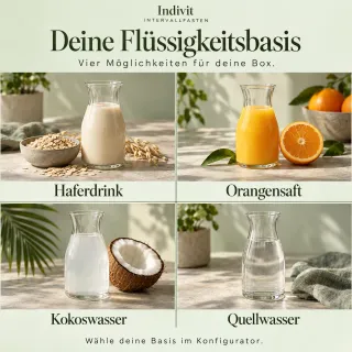 Vier Flüssigkeitsbasen: Haferdrink, Orangensaft, Kokoswasser und Quellwasser