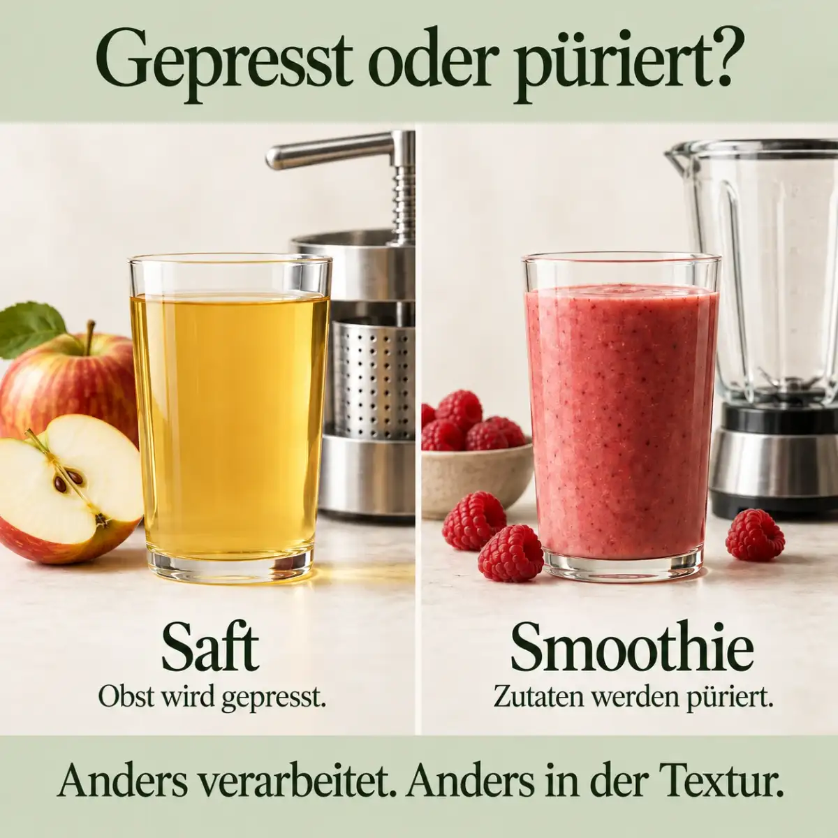 Verarbeitung im Vergleich: gepresster Saft und pürierter Smoothie Verarbeitung im Vergleich: gepresster Saft und pürierter Smoothie