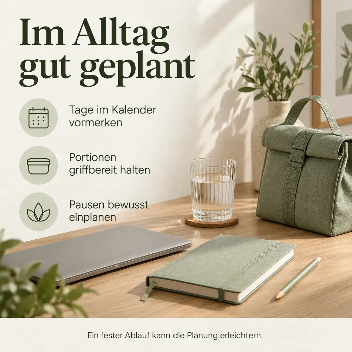 Alltag planen: Tage vormerken, Portionen griffbereit halten und Pausen einplanen Alltag planen: Tage vormerken, Portionen griffbereit halten und Pausen einplanen